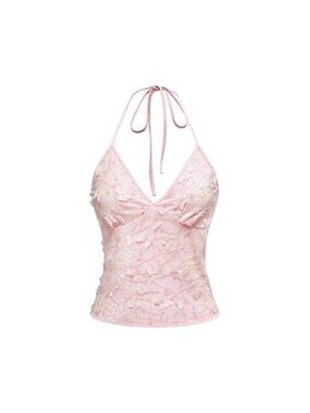 Sequin Halter Crop Top Tie Back Y2K Butterfly Glitter Party Cami